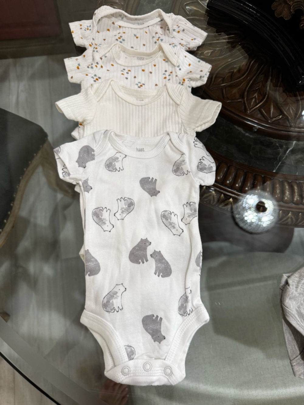 Just Baby White & Cream Bear Print Short-Sleeve One-Pieces set of 4